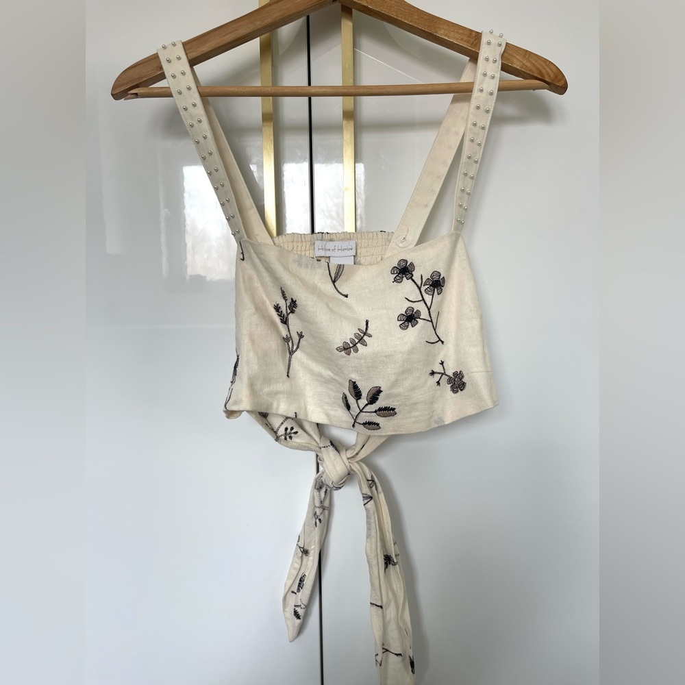 House of Harlow 1960 Cream Linen Blend Floral Embroidered Top | Sz 6